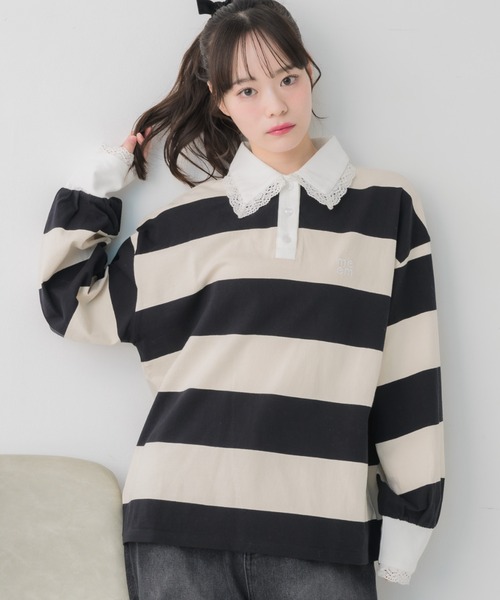 ems excite(エムズエキサイト)の「レース付きラガーSH(Tシャツ/カットソー・レディース・ブルー/ブラック/ピンク・FREE)」の1枚目の写真