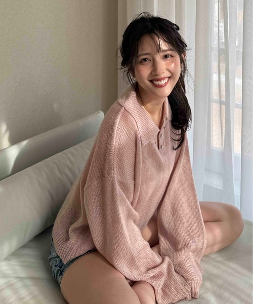 AS KNOW AS plus(アズノゥアズプラス)の「〇モヘアタッチシアーポロニット(ニット/セーター・レディース・チャコールグレー/キナリ/グレイッシュブルー/ピンク・FREE)」の4枚目の写真