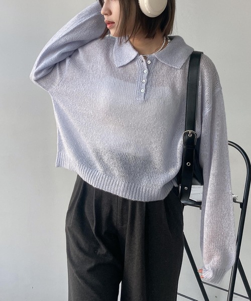 AS KNOW AS plus(アズノゥアズプラス)の「〇モヘアタッチシアーポロニット(ニット/セーター・レディース・チャコールグレー/キナリ/グレイッシュブルー/ピンク・FREE)」の3枚目の写真