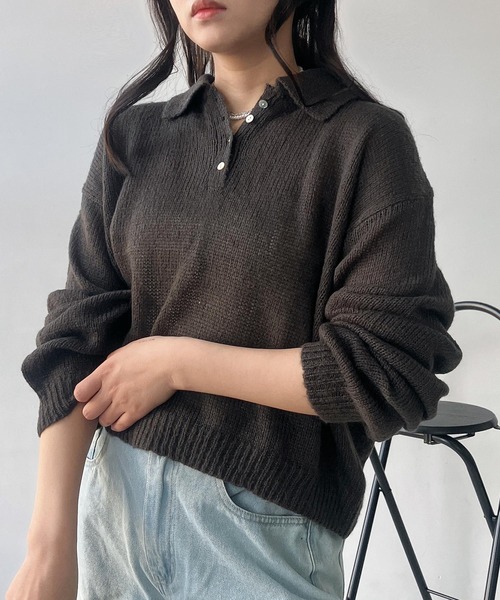 AS KNOW AS plus(アズノゥアズプラス)の「〇モヘアタッチシアーポロニット(ニット/セーター・レディース・チャコールグレー/キナリ/グレイッシュブルー/ピンク・FREE)」の1枚目の写真