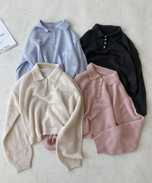 AS KNOW AS plus(アズノゥアズプラス)の「〇モヘアタッチシアーポロニット(ニット/セーター・レディース・チャコールグレー/キナリ/グレイッシュブルー/ピンク・FREE)」の5枚目の写真