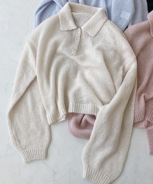 AS KNOW AS plus(アズノゥアズプラス)の「〇モヘアタッチシアーポロニット(ニット/セーター・レディース・チャコールグレー/キナリ/グレイッシュブルー/ピンク・FREE)」の7枚目の写真