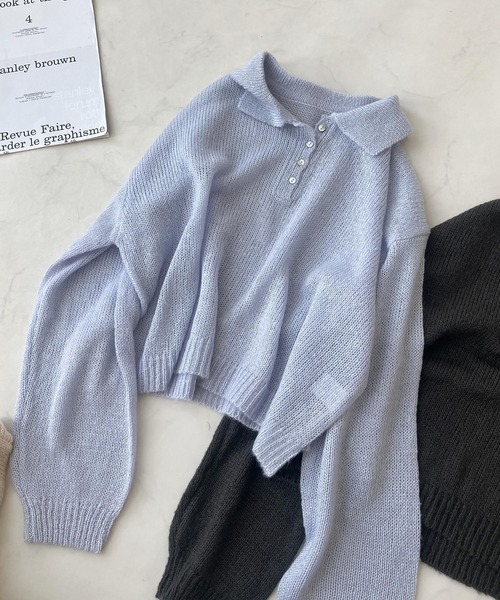 AS KNOW AS plus(アズノゥアズプラス)の「〇モヘアタッチシアーポロニット(ニット/セーター・レディース・チャコールグレー/キナリ/グレイッシュブルー/ピンク・FREE)」の9枚目の写真