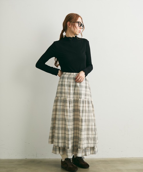 Crisp（クリスプ）の「レイヤードデザインチェックギャザースカート（スカート・レディース・ブラック/レッド・FREE）」の3枚目の写真