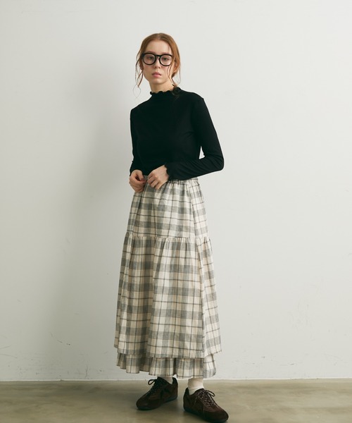 Crisp（クリスプ）の「レイヤードデザインチェックギャザースカート（スカート・レディース・ブラック/レッド・FREE）」の4枚目の写真