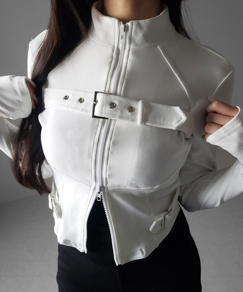 me+em select（ミームセレクト）の「【 ２color 】スタンドカラーベルテッドダブルジップスリムトップス ／ stand collar belted double zip slim tops（その他トップス・レディース・ブラック/ホワイト・FREE）」の6枚目の写真