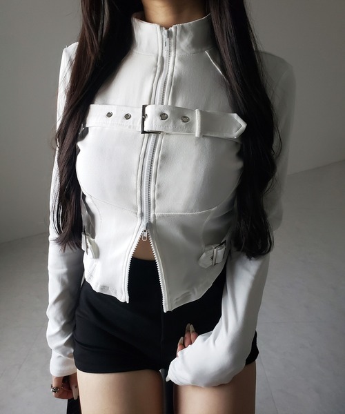 me+em select（ミームセレクト）の「【 ２color 】スタンドカラーベルテッドダブルジップスリムトップス ／ stand collar belted double zip slim tops（その他トップス・レディース・ブラック/ホワイト・FREE）」の8枚目の写真