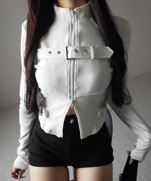 me+em select（ミームセレクト）の「【 ２color 】スタンドカラーベルテッドダブルジップスリムトップス ／ stand collar belted double zip slim tops（その他トップス・レディース・ブラック/ホワイト・FREE）」の9枚目の写真