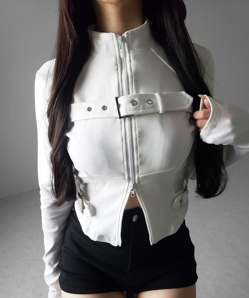 me+em select（ミームセレクト）の「【 ２color 】スタンドカラーベルテッドダブルジップスリムトップス ／ stand collar belted double zip slim tops（その他トップス・レディース・ブラック/ホワイト・FREE）」の10枚目の写真