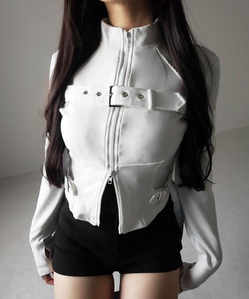 me+em select（ミームセレクト）の「【 ２color 】スタンドカラーベルテッドダブルジップスリムトップス ／ stand collar belted double zip slim tops（その他トップス・レディース・ブラック/ホワイト・FREE）」の11枚目の写真