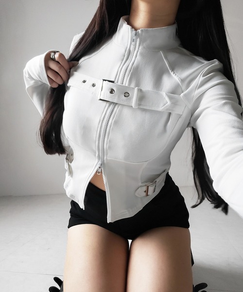 me+em select（ミームセレクト）の「【 ２color 】スタンドカラーベルテッドダブルジップスリムトップス ／ stand collar belted double zip slim tops（その他トップス・レディース・ブラック/ホワイト・FREE）」の13枚目の写真