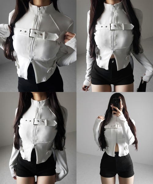 me+em select（ミームセレクト）の「【 ２color 】スタンドカラーベルテッドダブルジップスリムトップス ／ stand collar belted double zip slim tops（その他トップス・レディース・ブラック/ホワイト・FREE）」の3枚目の写真