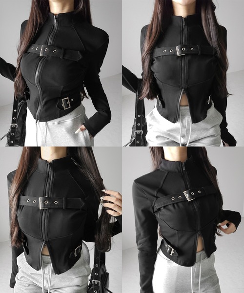 me+em select（ミームセレクト）の「【 ２color 】スタンドカラーベルテッドダブルジップスリムトップス ／ stand collar belted double zip slim tops（その他トップス・レディース・ブラック/ホワイト・FREE）」の4枚目の写真