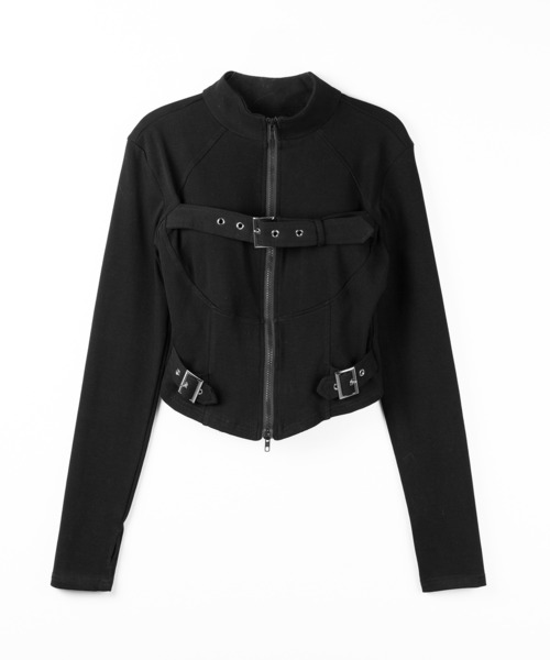 me+em select（ミームセレクト）の「【 ２color 】スタンドカラーベルテッドダブルジップスリムトップス ／ stand collar belted double zip slim tops（その他トップス・レディース・ブラック/ホワイト・FREE）」の5枚目の写真