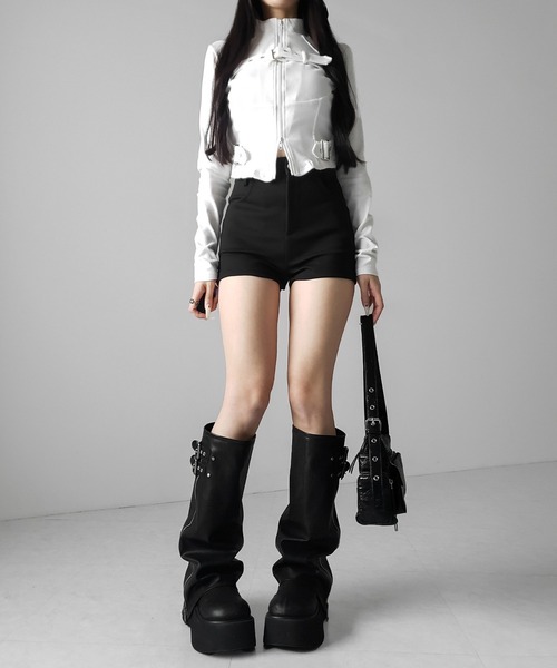 me+em select（ミームセレクト）の「【 ２color 】スタンドカラーベルテッドダブルジップスリムトップス ／ stand collar belted double zip slim tops（その他トップス・レディース・ブラック/ホワイト・FREE）」の21枚目の写真