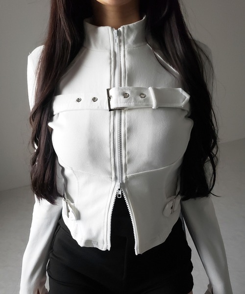 me+em select（ミームセレクト）の「【 ２color 】スタンドカラーベルテッドダブルジップスリムトップス ／ stand collar belted double zip slim tops（その他トップス・レディース・ブラック/ホワイト・FREE）」の7枚目の写真
