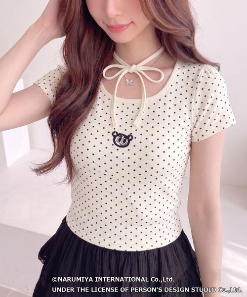 ANGEL BLUE(エンジェルブルー)の「【ANGEL BLUE】別注 エンジェルブルー ピンドット リボンネック トップス(Tシャツ/カットソー・レディース・ブラック×ホワイト/ホワイト×ブラック・FREE)」の2枚目の写真