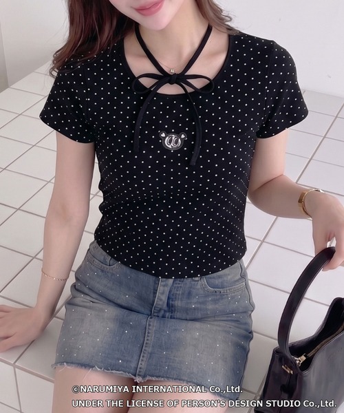 ANGEL BLUE(エンジェルブルー)の「【ANGEL BLUE】別注 エンジェルブルー ピンドット リボンネック トップス(Tシャツ/カットソー・レディース・ブラック×ホワイト/ホワイト×ブラック・FREE)」の1枚目の写真
