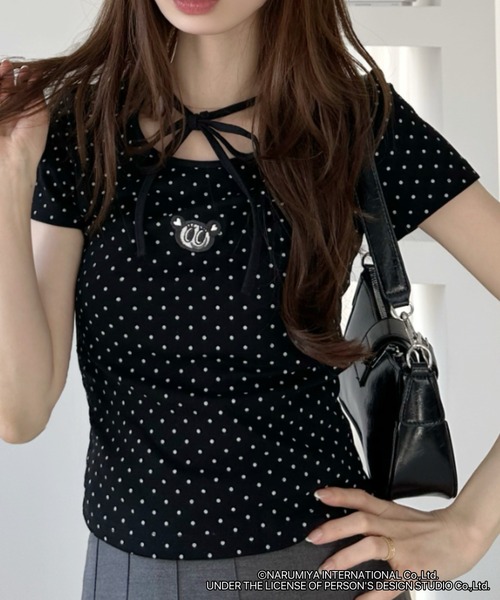 ANGEL BLUE(エンジェルブルー)の「【ANGEL BLUE】別注 エンジェルブルー ピンドット リボンネック トップス(Tシャツ/カットソー・レディース・ブラック×ホワイト/ホワイト×ブラック・FREE)」の6枚目の写真