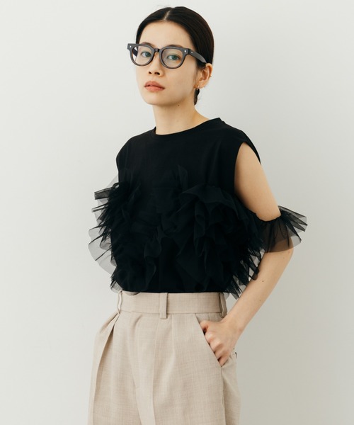 nenom（ネノム）の「[nenom/ネノム] マルチWAY ビスチェ風チュールフリルドッキングノースリーブTシャツ【追加】（Tシャツ/カットソー・レディース・チャコールグレー/オフホワイト/ライトグレー/ブラック・F）」の3枚目の写真