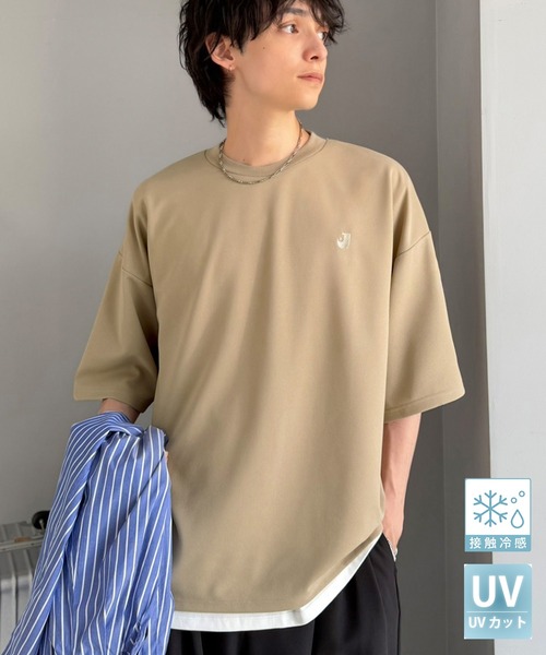 Java（ジャバ）の「《JaVaジャバコラボ》【接触冷感・UVカット機能付き】シャリ生地で夏も快適！胸刺繍 梨地カットジョーゼットTシャツ（オーバーサイズ）（Tシャツ/カットソー・メンズ・ブラック/グレイッシュベージュ/ブルー/チャコールグレー/ホワイト・LARGE/MEDIUM/SMALL）」の4枚目の写真