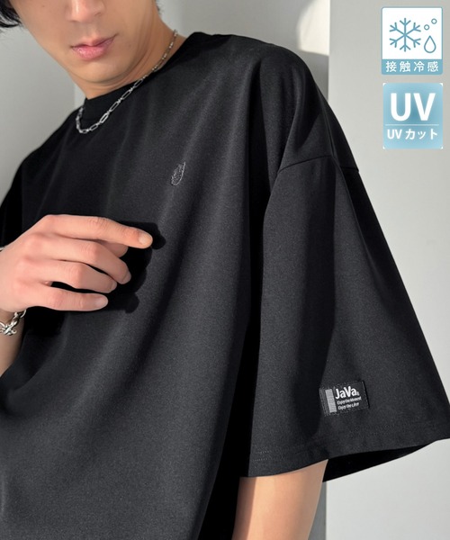 Java（ジャバ）の「《JaVaジャバコラボ》【接触冷感・UVカット機能付き】シャリ生地で夏も快適！胸刺繍 梨地カットジョーゼットTシャツ（オーバーサイズ）（Tシャツ/カットソー・メンズ・ブラック/グレイッシュベージュ/ブルー/チャコールグレー/ホワイト・LARGE/MEDIUM/SMALL）」の3枚目の写真