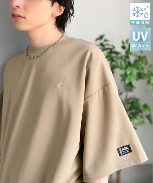 Java（ジャバ）の「《JaVaジャバコラボ》【接触冷感・UVカット機能付き】シャリ生地で夏も快適！胸刺繍 梨地カットジョーゼットTシャツ（オーバーサイズ）（Tシャツ/カットソー・メンズ・ブラック/グレイッシュベージュ/ブルー/チャコールグレー/ホワイト・LARGE/MEDIUM/SMALL）」の6枚目の写真