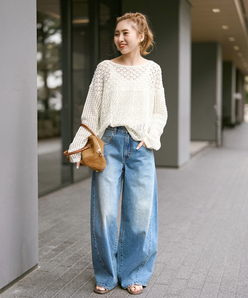 Spick & Span（スピックアンドスパン）の「《WEB限定 / 追加》透かし編みボートネックニット（ニット/セーター・レディース・ブラック/ホワイト・FREE）」の4枚目の写真