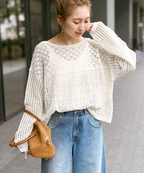 Spick & Span（スピックアンドスパン）の「《WEB限定 / 追加》透かし編みボートネックニット（ニット/セーター・レディース・ブラック/ホワイト・FREE）」の11枚目の写真