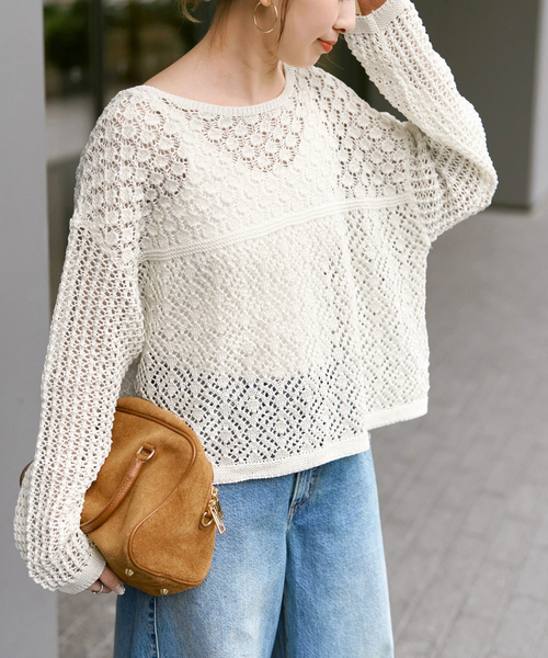 Spick & Span（スピックアンドスパン）の「《WEB限定 / 追加》透かし編みボートネックニット（ニット/セーター・レディース・ブラック/ホワイト・FREE）」の12枚目の写真