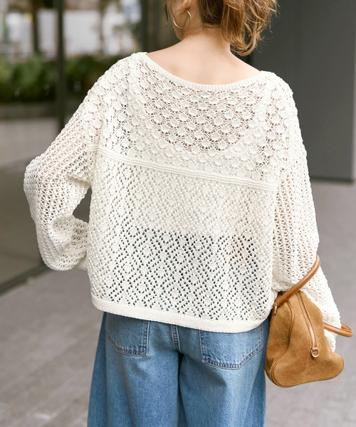 Spick & Span（スピックアンドスパン）の「《WEB限定 / 追加》透かし編みボートネックニット（ニット/セーター・レディース・ブラック/ホワイト・FREE）」の14枚目の写真