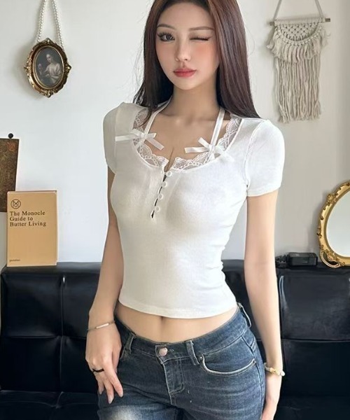 semuse（セミューズ）の「レースリボンヘンリーネッククロップド丈半袖トップス（Tシャツ/カットソー・レディース・ブラック/ホワイト・FREE）」の5枚目の写真