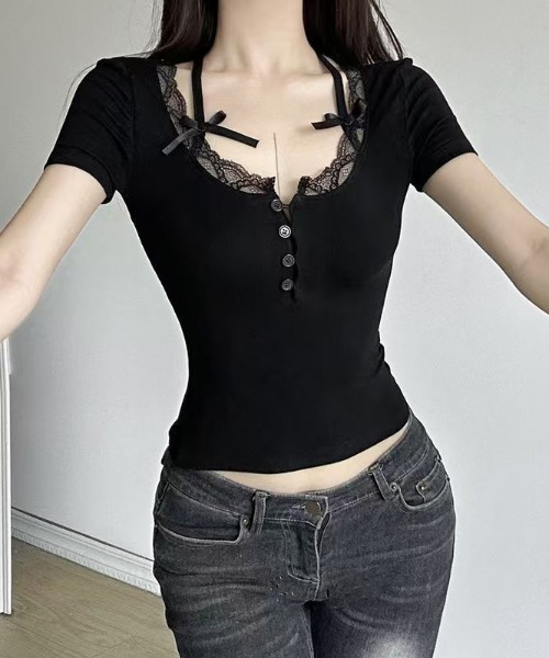 semuse（セミューズ）の「レースリボンヘンリーネッククロップド丈半袖トップス（Tシャツ/カットソー・レディース・ブラック/ホワイト・FREE）」の11枚目の写真