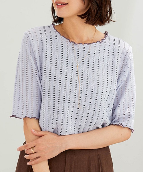 BELLUNA PLUS(ベルーナ)の「透かし編レース配色メロープルオーバー(Tシャツ/カットソー・レディース・ラベンダー/コーラル/アイボリー/ブラック・MEDIUM/LARGE/X-LARGE)」の3枚目の写真