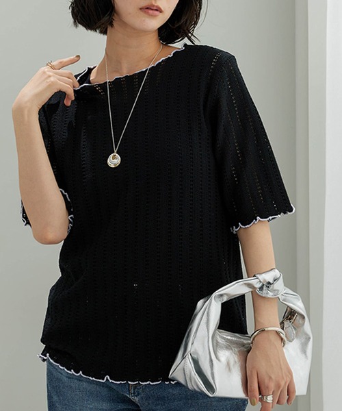 BELLUNA PLUS(ベルーナ)の「透かし編レース配色メロープルオーバー(Tシャツ/カットソー・レディース・ラベンダー/コーラル/アイボリー/ブラック・MEDIUM/LARGE/X-LARGE)」の2枚目の写真