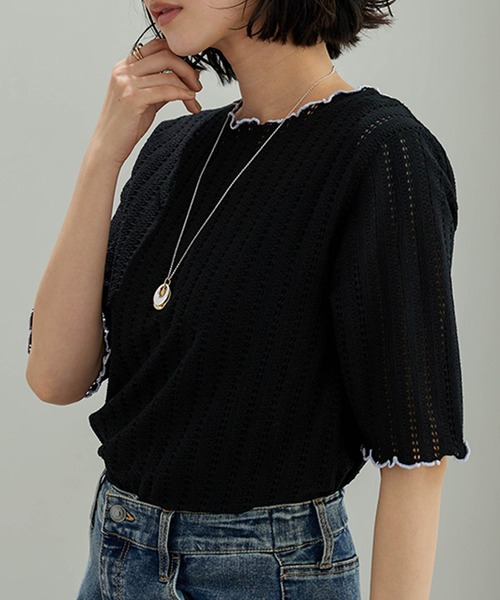 BELLUNA PLUS(ベルーナ)の「透かし編レース配色メロープルオーバー(Tシャツ/カットソー・レディース・ラベンダー/コーラル/アイボリー/ブラック・MEDIUM/LARGE/X-LARGE)」の9枚目の写真
