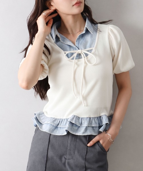 SpRay(スプレイ)の「胸リボンデニム切替ショートスリーブトップス(Tシャツ/カットソー・レディース・アイボリー/ネイビー/グレー/ブラック・FREE)」の3枚目の写真
