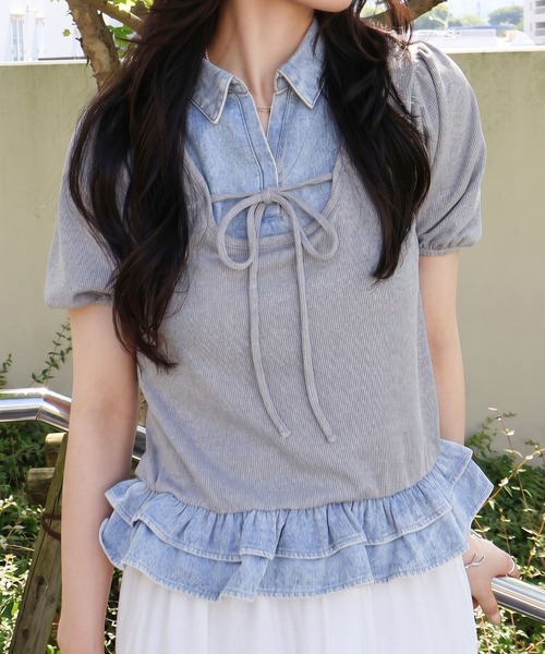 SpRay(スプレイ)の「胸リボンデニム切替ショートスリーブトップス(Tシャツ/カットソー・レディース・アイボリー/ネイビー/グレー/ブラック・FREE)」の5枚目の写真