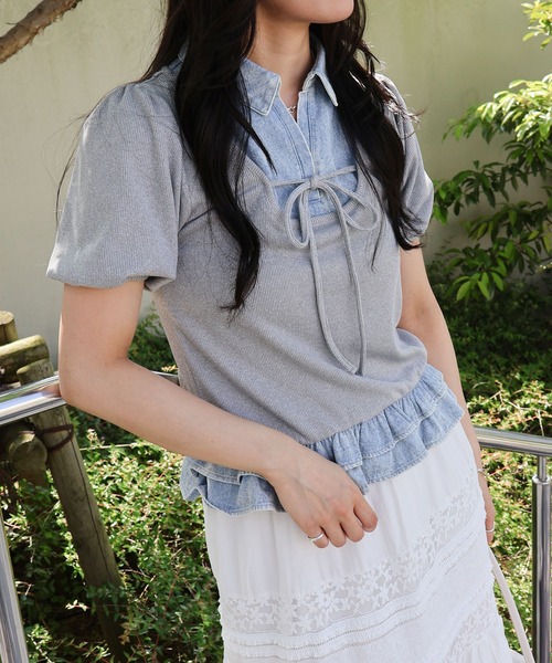 SpRay(スプレイ)の「胸リボンデニム切替ショートスリーブトップス(Tシャツ/カットソー・レディース・アイボリー/ネイビー/グレー/ブラック・FREE)」の10枚目の写真