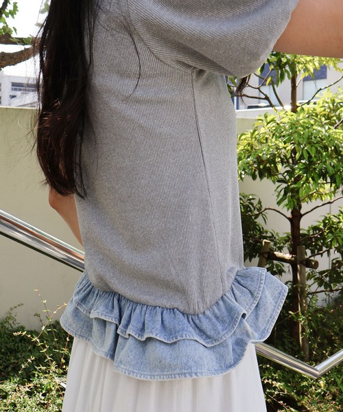 SpRay(スプレイ)の「胸リボンデニム切替ショートスリーブトップス(Tシャツ/カットソー・レディース・アイボリー/ネイビー/グレー/ブラック・FREE)」の11枚目の写真