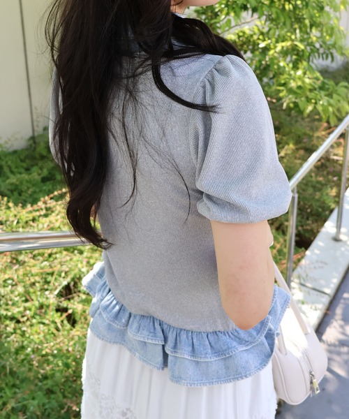 SpRay(スプレイ)の「胸リボンデニム切替ショートスリーブトップス(Tシャツ/カットソー・レディース・アイボリー/ネイビー/グレー/ブラック・FREE)」の12枚目の写真