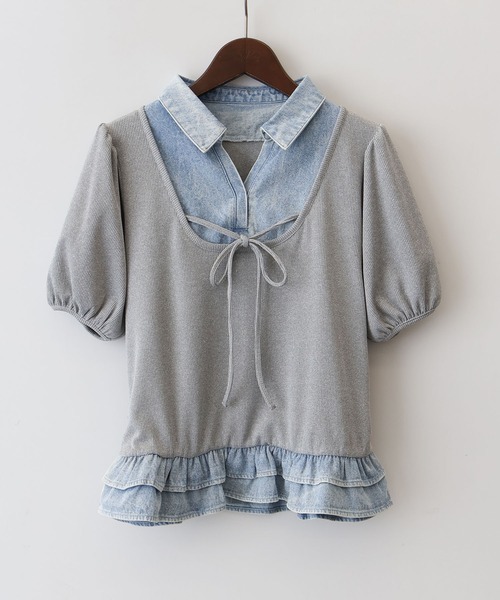SpRay(スプレイ)の「胸リボンデニム切替ショートスリーブトップス(Tシャツ/カットソー・レディース・アイボリー/ネイビー/グレー/ブラック・FREE)」の14枚目の写真