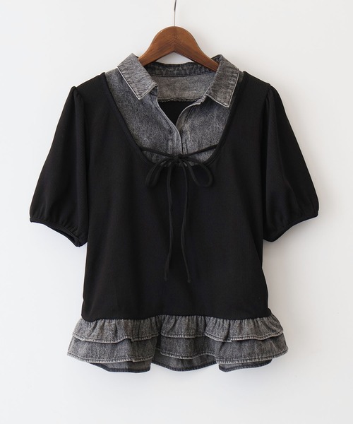 SpRay(スプレイ)の「胸リボンデニム切替ショートスリーブトップス(Tシャツ/カットソー・レディース・アイボリー/ネイビー/グレー/ブラック・FREE)」の22枚目の写真