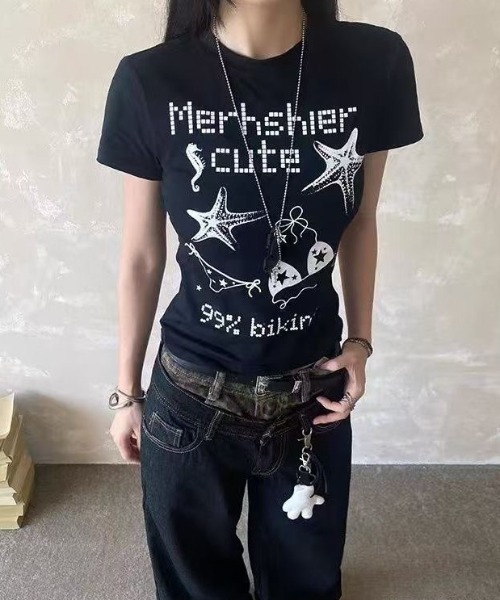 LADY LIKE(レディライク)の「【春夏新作】ヒトデ&ビキニ柄半袖Tシャツ(Tシャツ/カットソー・レディース・ホワイト/ブラック・M)」の7枚目の写真