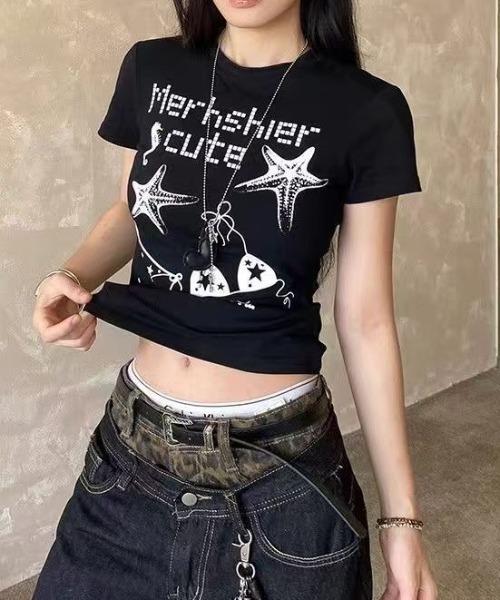 LADY LIKE(レディライク)の「【春夏新作】ヒトデ&ビキニ柄半袖Tシャツ(Tシャツ/カットソー・レディース・ホワイト/ブラック・M)」の9枚目の写真