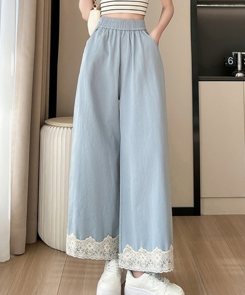 mielu(ミエル)の「ハイウエストポイントレースワイドパンツ(その他パンツ・レディース・ブルー/ブラック/ベージュ・LARGE/MEDIUM)」の1枚目の写真