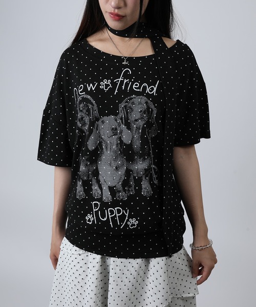 HOOK（フック）の「HOOK for girls ナロータイ付きワンショルダー半袖Tシャツ (SS)（Tシャツ/カットソー・レディース・ブラック/ライトベージュ・FREE）」の2枚目の写真