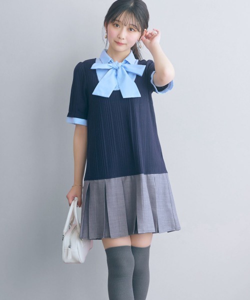 marun(マルン)の「<大きいサイズ>ドッキングミニ丈ワンピース(リボンタイ付) marun(ワンピース・レディース・ネイビー系/グレー系・5L/4L/3L/LL/L)」の2枚目の写真