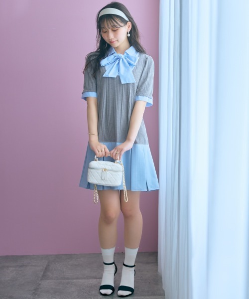 marun(マルン)の「<大きいサイズ>ドッキングミニ丈ワンピース(リボンタイ付) marun(ワンピース・レディース・ネイビー系/グレー系・5L/4L/3L/LL/L)」の6枚目の写真