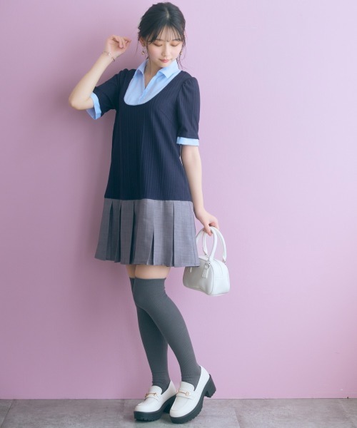 marun(マルン)の「<大きいサイズ>ドッキングミニ丈ワンピース(リボンタイ付) marun(ワンピース・レディース・ネイビー系/グレー系・5L/4L/3L/LL/L)」の4枚目の写真
